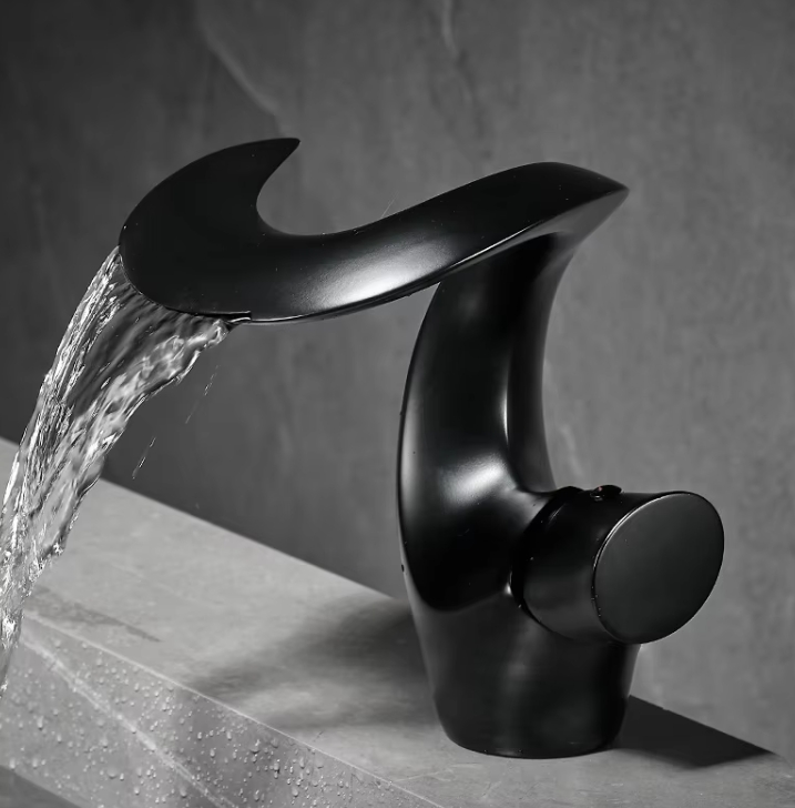 Modern Single-Hole Brass Hot Cold Single Handle Ceramic Core Basin Wash Creative Design Waterfall Faucet for Bathroom