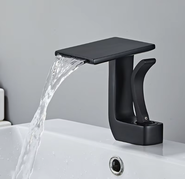 Modern Luxury Single-Handle Brass Waterfall Basin Faucet Unique Black Gold Design Ceramic Valve Core Single-Hole Bathroom