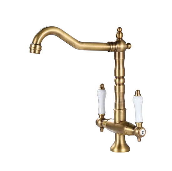 Dual Handle Single Hole European Antique Bronze Kitchen Faucet Tap With White Ceramic