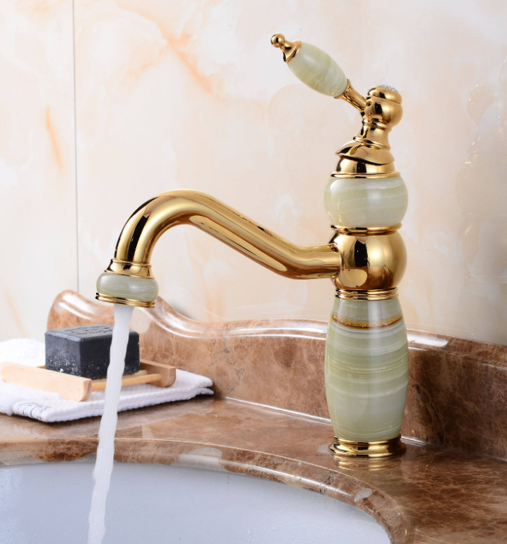 Swan Bathroom Mixer Tap Marble Jade Luxury Special Design Brass Gold Basin Faucet Golden