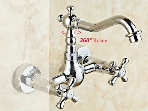 Wall Mounted Antique Brass Kitchen Faucet with Double Cross Handle Wall Kitchen Tap Mixer