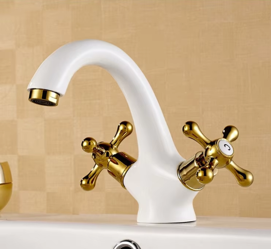 European Style Single-Hole Basin Faucet Modern White Silver Double-Handle Hot Cold Water Faucet for Home & Hotel Bathroom