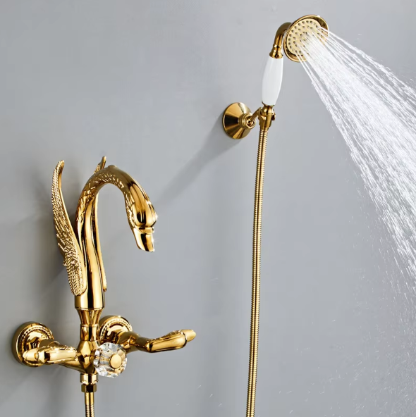 Vintage Royal Luxury Bathroom Shower Dual Handle Brass Mixer Hotel Villa Golden Swan Faucet Set