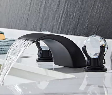Luxury Black 2-Crystal Handles 3-Hole Waterfall Sink Faucet LED for Modern Bathroom High Quality Single Hole Brass Sense Faucet