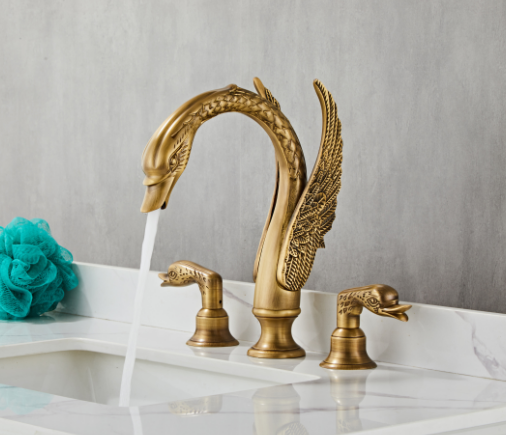 Hotels Classic Style Rose Gold 3 Hole Animal Shape Swan Faucets and Double Handle Bathroom Sink Tap