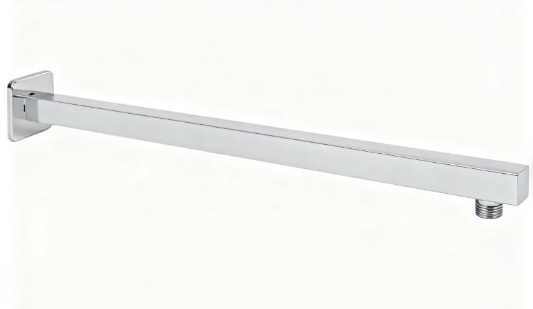 Square wall-mounted pole with concealed showerhead arm and black and gold brushed shower outlet pipe