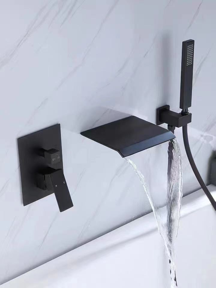 Homein Matte Black Dual Handle 2 Function Concealed Bathtub Faucet Waterfall Spout Wall Mounted Tub Filler with Handheld Shower