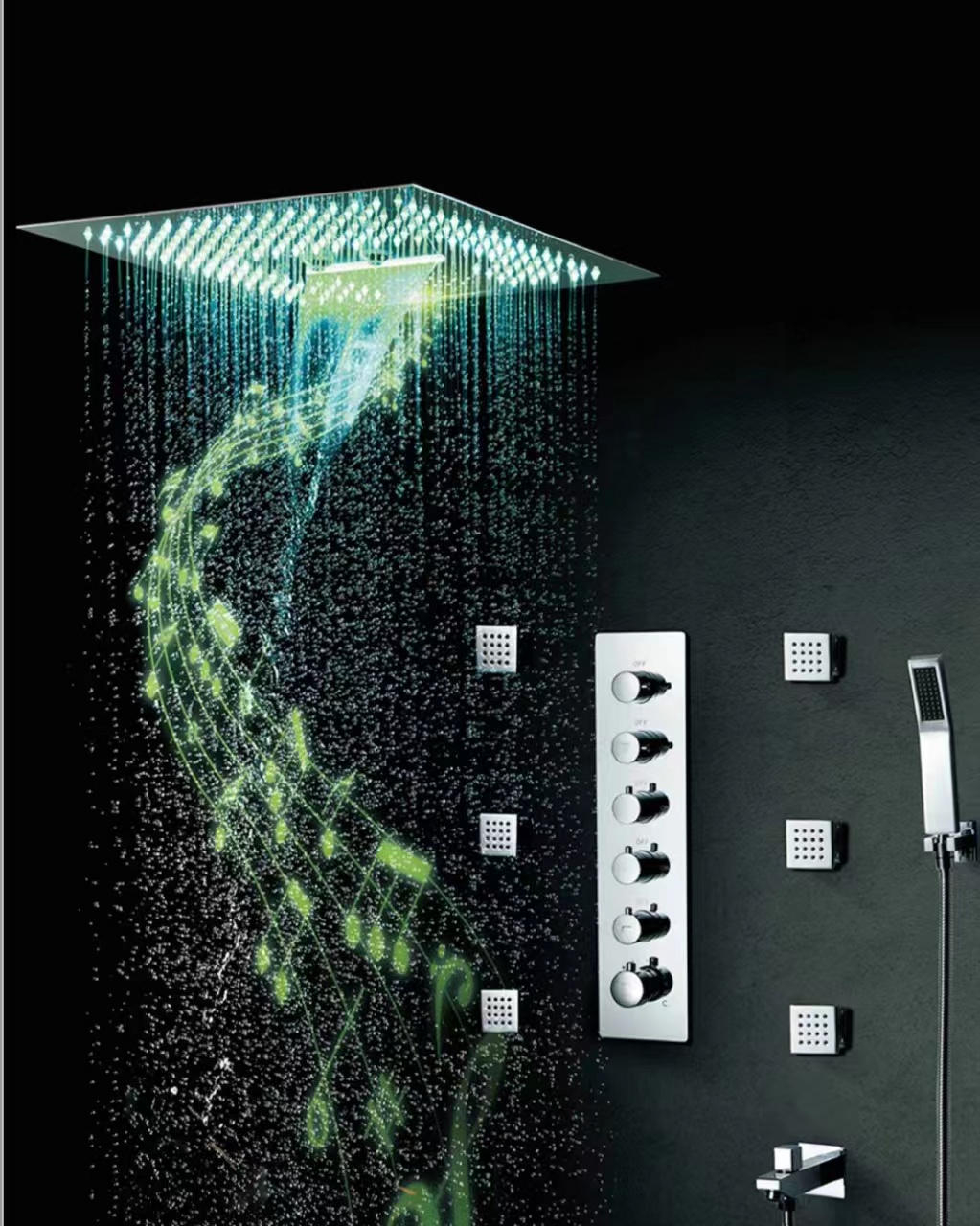 LED Modern Brass Square Bathroom Ceiling Music Constant Temperature Rain Waterfall Massage Soft Shower Head