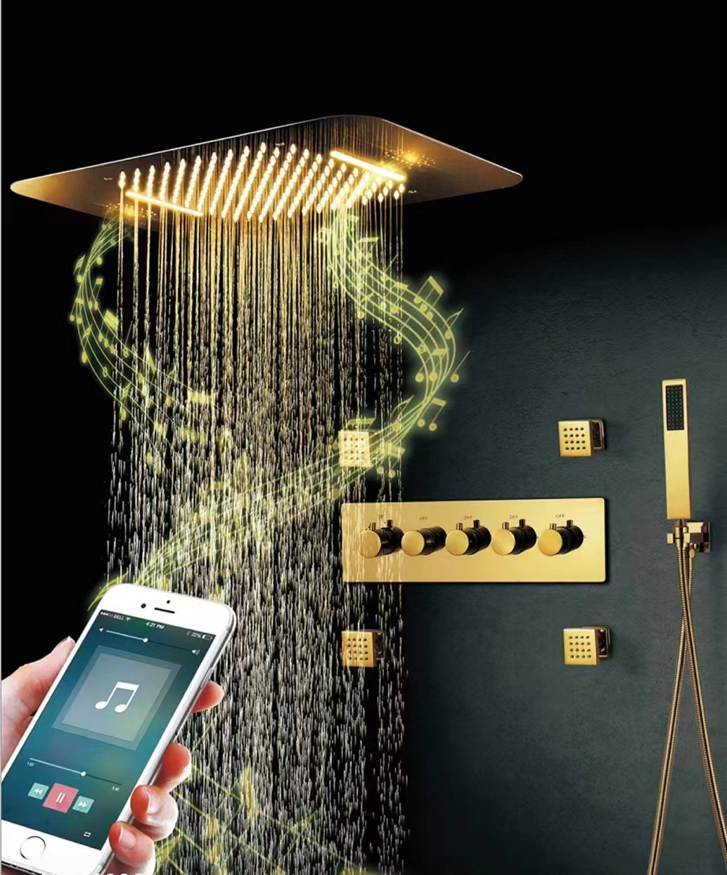 LED Music Thermostatic Shower Trim Kit with Brass Finish Ceramic Valve Core Rainfall Waterfall Spray Whole Set Shower System