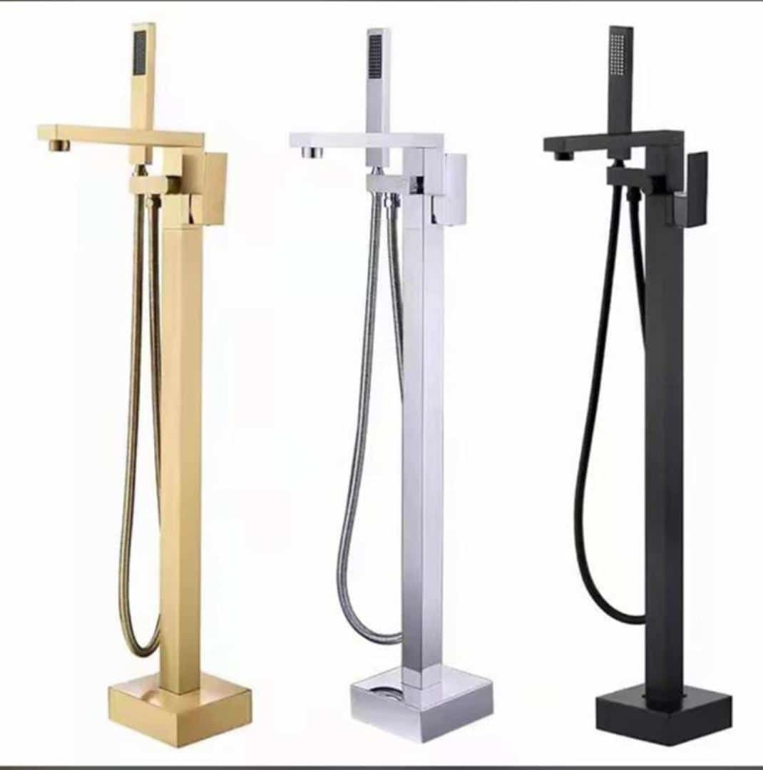 Bathroom Floor Mounted Thermostatic Chrome Brushed Brass Freestanding Bathtub Faucet with Ceramic Valve Core and Rain Spray