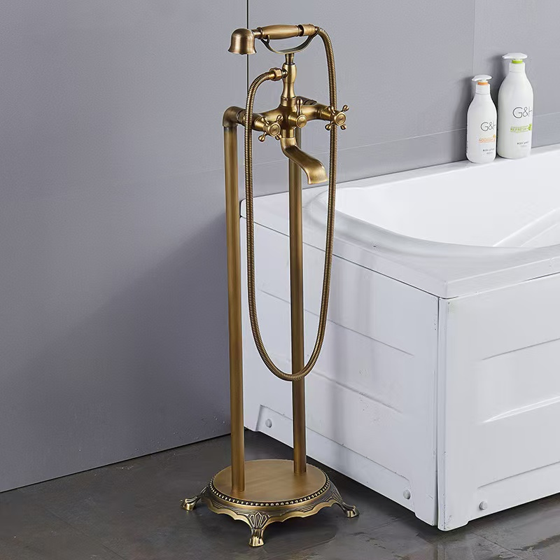 European-style Telephone, Antique Brass Finish, Polished Surface, Ceramic Valve. Floor-standing Bathtub, Shower Faucet