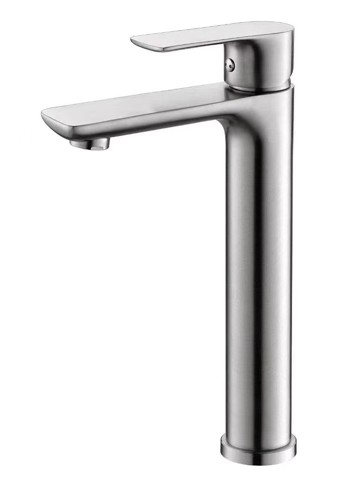 Chinese Factory SUS 304 Faucet Stainless Steel Ceramic Valve Core Bathroom Mixer Brushed Hot and Cold High Basin Faucet