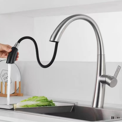 SUS304 Commercial Kitchen Faucet Deck Mounted Single Hole Pull-Down Sprayer Lead-Free Architectural Grade Ceramic Valve 27